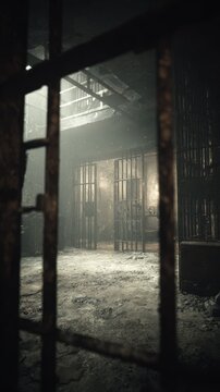 View through prison bars of an empty, dusty cell block with broken bars and debris on the floor
