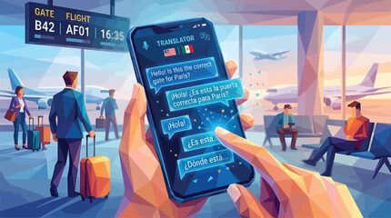Hand holding smartphone with language translator app in airport terminal, connecting cultures and facilitating travel communication © Mucher