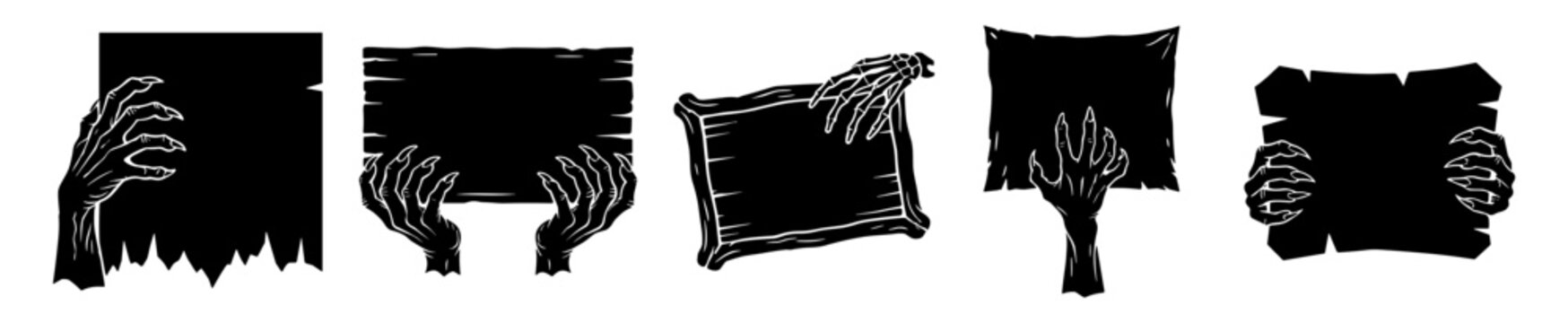 skeleton hands holding wooden and torn paper signs collection on transparent background