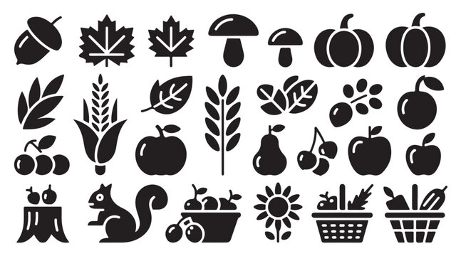Autumn harvest icons set featuring assorted seasonal vegetables fruits and forest elements.