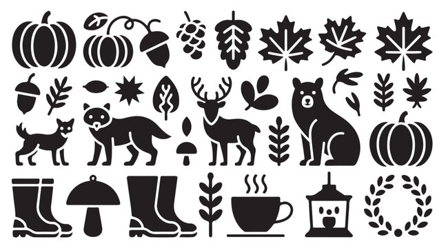 Forest themed autumn icons pack with wildlife animals trees leaves and seasonal objects.