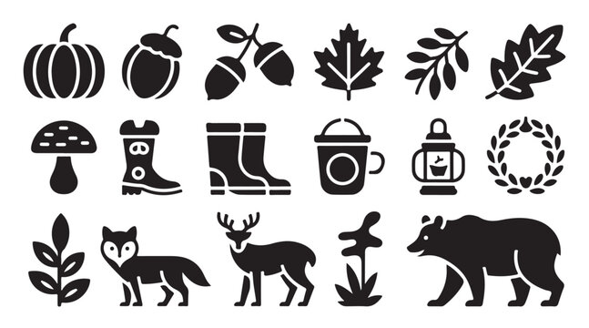 Outdoor autumn activities and wildlife icons with boots lantern forest animals and leaves.