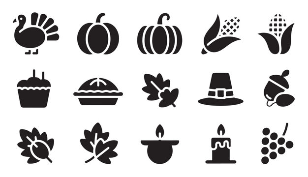 Thanksgiving holiday themed icon set featuring turkey pumpkin corn pie and autumn leaves.