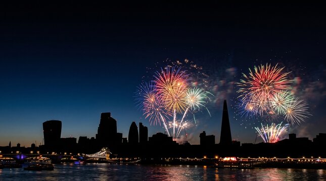 New Year City Skyline Fireworks Background, Urban Night Silhouette with Copy
Space

