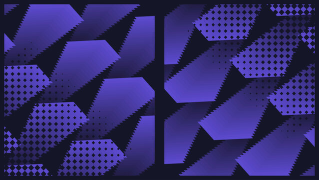 Dark Purple Background With Abstract Modern Geometric Shapes, Halftone Patterns and Texture Effect. Dynamic Creative Background for Banner or Poster Design