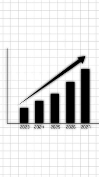 Black bar chart on graph paper with years 2023 to 2027 and a rising arrow, showing business growth, progress, planning, and financial success