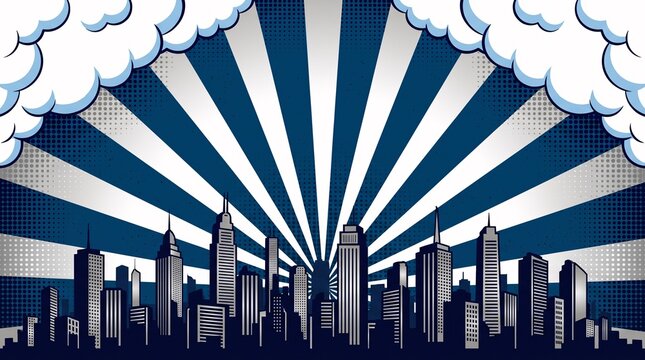 Elegant dark blue city skyline featuring dramatic radial sunburst rays and soft comic clouds. Ideal for corporate presentations, technology themes, architecture, and business branding.