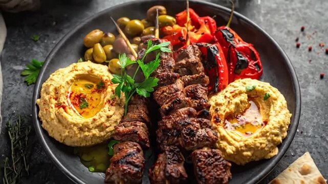 Grilled meat skewers with hummus and pita bread.