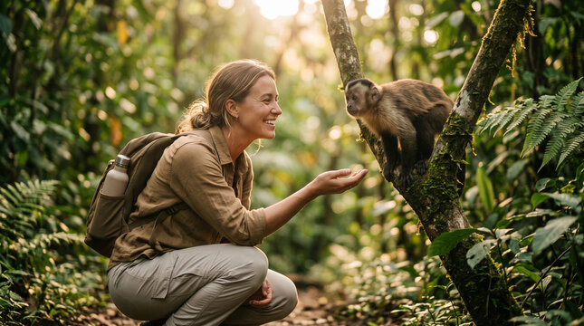 Female traveler interacting with a small capuchin monkey sitting on a tree branch in a dense tropical rainforest