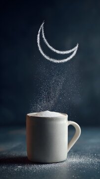Sugar moon shape falling into a coffee mug. Creative food art with white sugar granules.