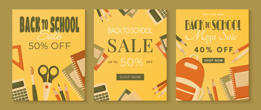 Back to school sale stationery poster set vector illustration.