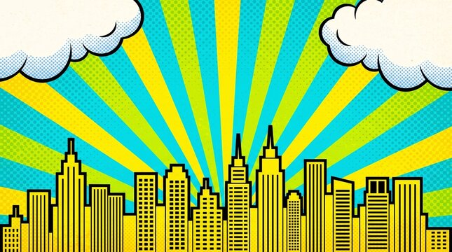 Bright yellow and green city skyline with vibrant radial sunburst rays and fluffy clouds. Perfect for eco-friendly branding, business presentations, posters, banners, and urban-themed graphic designs.