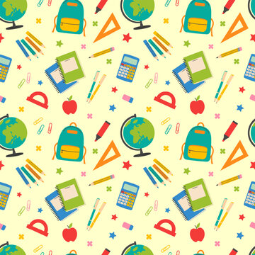 back to school seamless pattern with school supplies and stationery vector illustration.