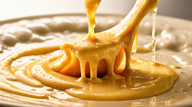 Cinematic Food Macro Of Melted Cheese Sauce Pouring Into A Creamy Pool With Suspended Droplets Ripple Motion And Glossy Golden Highlights
