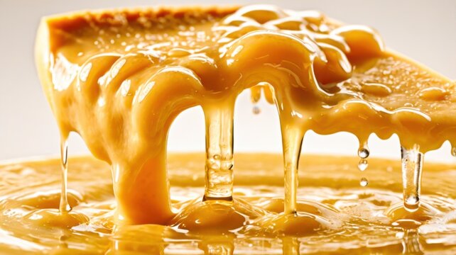 High End Macro Splash Of Thick Yellow Cheese Sauce With Crown Effect Smooth Creamy Surface Airy Porous Bubbles And Warm Studio Lighting
