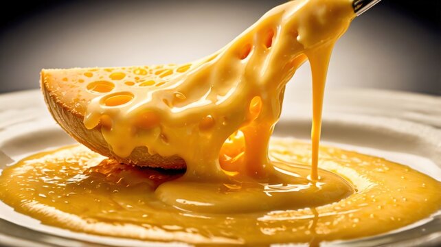 Luxury Food Photography Of Cheese Sauce Splash With Rich Creamy Texture Golden Droplets Dynamic Motion And Warm Side Lit Contrast
