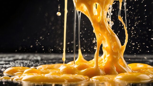 8k Macro Photograph Of Thick Melted Cheese Sauce Pouring Into A Creamy Pool With Crown Splash Bubbles Glossy Surface And Dramatic Warm Lighting