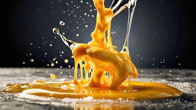 Dramatic Commercial Food Scene Of Thick Cheddar Cheese Dripping Over A Suspended Salted Cracker With Frozen Droplets And Dark Gradient Background