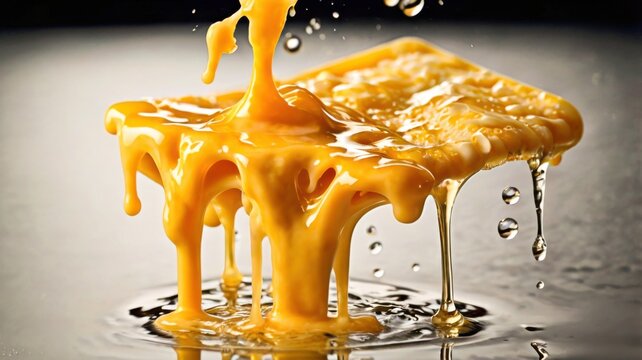 High Speed Macro Action Food Photography Of Warm Melted Golden Yellow Cheddar Cheese Pouring Over A Floating Salted Cracker With Gooey Streams And Reflective Dark Surface
