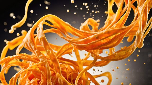 Ultra Detailed Macro Food Scene Of Creamy Cheddar Cheese Swirl With Suspended Droplets Soft Background And Dark Neutral Grey Backdrop

