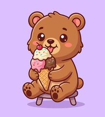 Fototapeta premium Cute Kawaii Bear Eating Triple Scoop Ice Cream Cone Vector