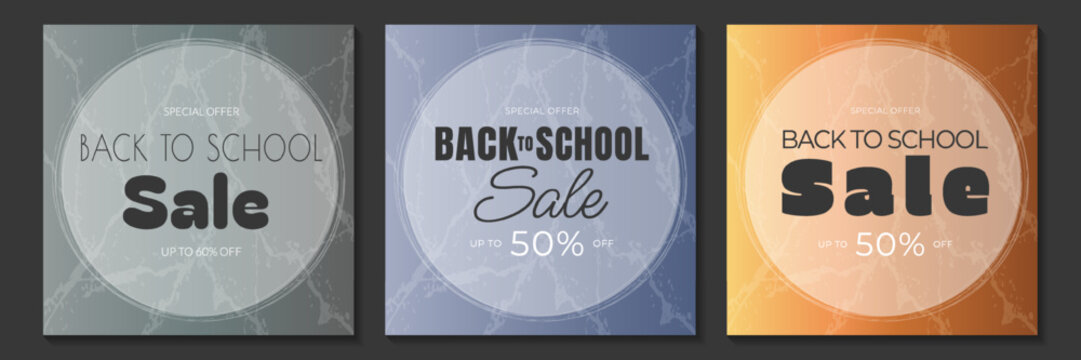 Back to school sale square banners set vector illustration.