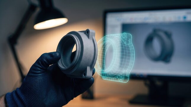 Engineer Holding  Printed Mechanical Part Beside Digital Model, Product Design and Innovation Technology Concept