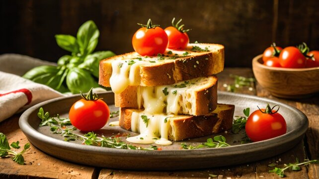 Highly Detailed Commercial Food Photography Of Golden Garlic Bread Topped With Rich Melted Mozzarella Cheese Fresh Tomato Slices Basil Herbs Rustic Wooden Platter Surrounded By Cherry Tomatoes
