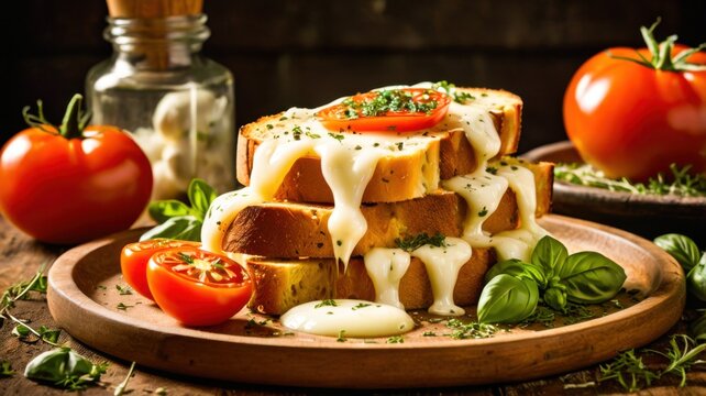 Rustic Italian Style Toasted Garlic Bread Loaded With Melted White Mozzarella Cheese Fresh Tomato Basil Leaves Cherry Tomatoes Wooden Serving Platter Warm Moody Kitchen Atmosphere Commercial Food