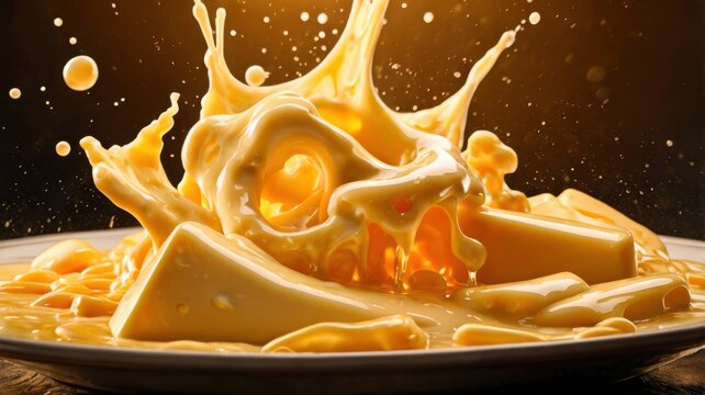 Commercial Food Photography Of Rich Melted Cheese Sauce Pouring Into A Creamy Pool With Glossy Texture Golden Droplets And Dramatic Dark Background
