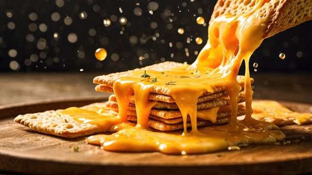 Dramatic Macro Food Scene Of Melted Cheddar Cascading Over Stack Of Rectangular Crispbread Crackers With Liquid Cheese Pool Splash Droplets And Dark Moody Background
