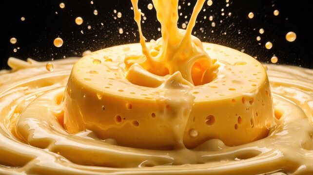 Close Up Macro Shot Of Melted Yellow Cheese Sauce Splash With Crown Shape Airy Bubbles Dynamic Ripples And Specular Reflections In Warm Side Light
