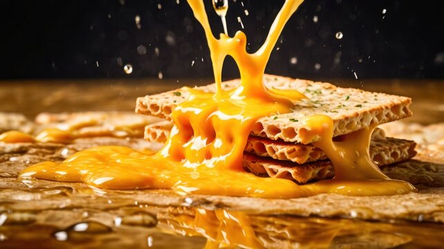 High Speed Macro Action Food Photography Of Thick Warm Melted Cheddar Cheese Pouring Dramatically Over Crisp Seasoned Rectangular Crackers With Golden Highlights

