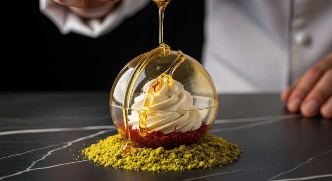 A delicious gourmet chocolate sphere dessert being covered with warm liquid honey on a dark kitchen table surface