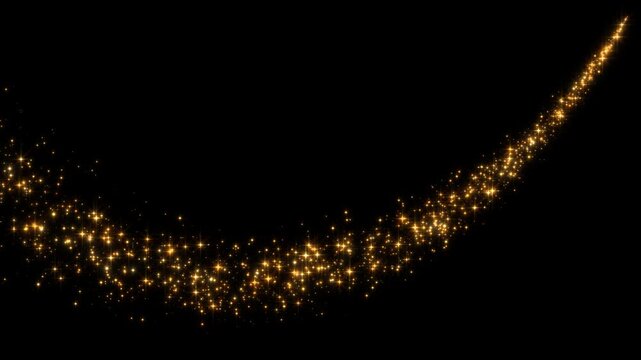 golden stars and gold dust light wave trail isolated alpha channel animation, shiny and glowing glitter sparks, Christmas and new year overlay motion design element