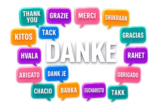 Colorful thank you speech bubbles with danke in different languages isolated on transparent background