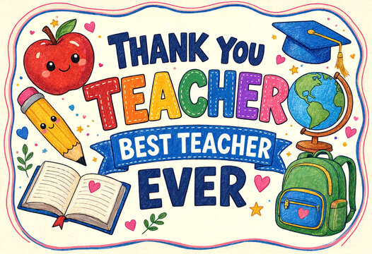 Colorful thank you teacher appreciation card with school supplies and cheerful design elements
