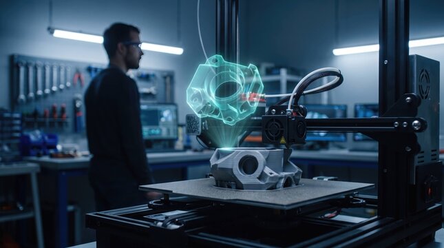 Printer Creating Mechanical Part with Holographic Model Display, Advanced Manufacturing and Product Design Technology Concept