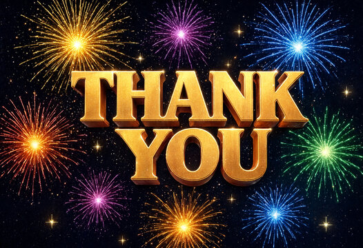 Colorful thank you text with vibrant fireworks display in celebratory background design