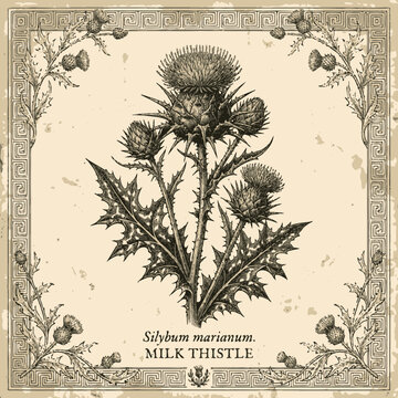 Milk Thistle Plant Illustration: Silybum marianum botanical drawing with decorative border