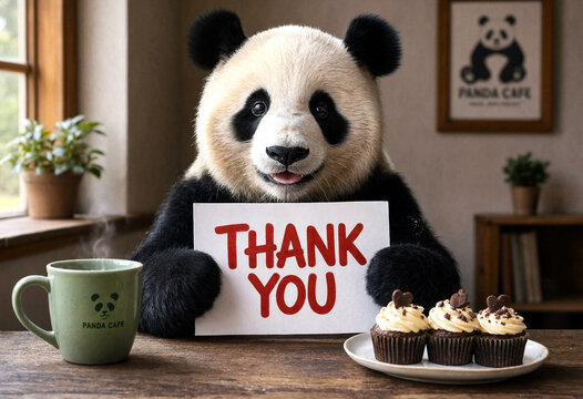 Cute giant panda bear holding a thank you sign with cupcakes and coffee on table
