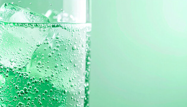 氷が入った炭酸飲料のクローズアップ　清涼感のあるミントグリーン背景　文字入れ可能なコピースペース付き　夏の飲み物やイベントの広告バナーに適した高解像度写真素材