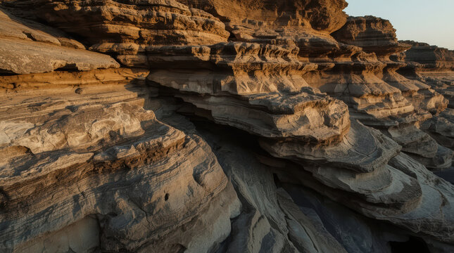 Layered sandstone rock formation with warm sunset light and textured striations