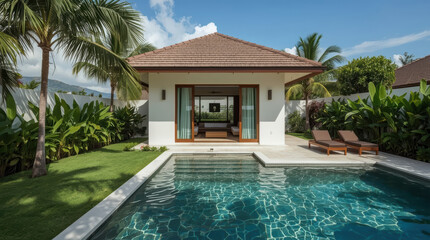 Fototapeta premium Private villa with plunge pool and sun loungers in tropical garden, serene beachfront retreat