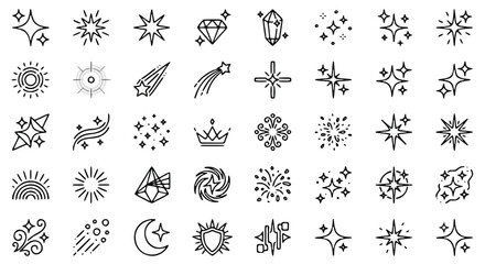 Fototapeta premium Sparkle line icons set, minimal star and twinkle vector elements, 40 magic shining and glitter symbols for graphic design