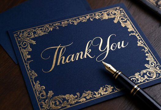 Elegant dark blue thank you card with ornate gold design and fountain pen resting on top