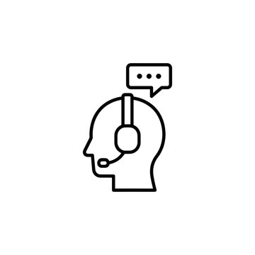 Black and white symbolic vector icon of a customer support agent with a headset and speech bubble, customer service and helpdesk concept graphic