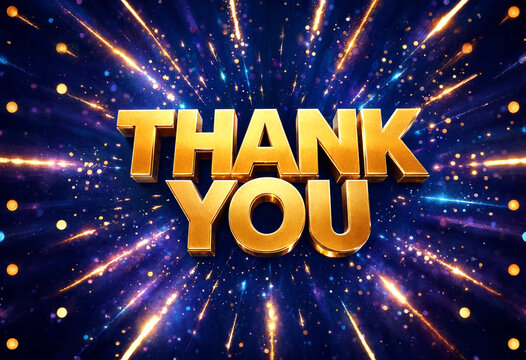 Glowing golden thank you text with dazzling fireworks and sparkles explosion background design