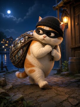 A thief cat carries fish in a sack