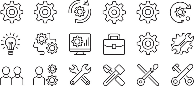 Collection of various gear and tool icons representing technology maintenance and development concepts